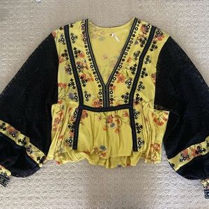 Free People yellow embroidered blouse with black lace sleeves